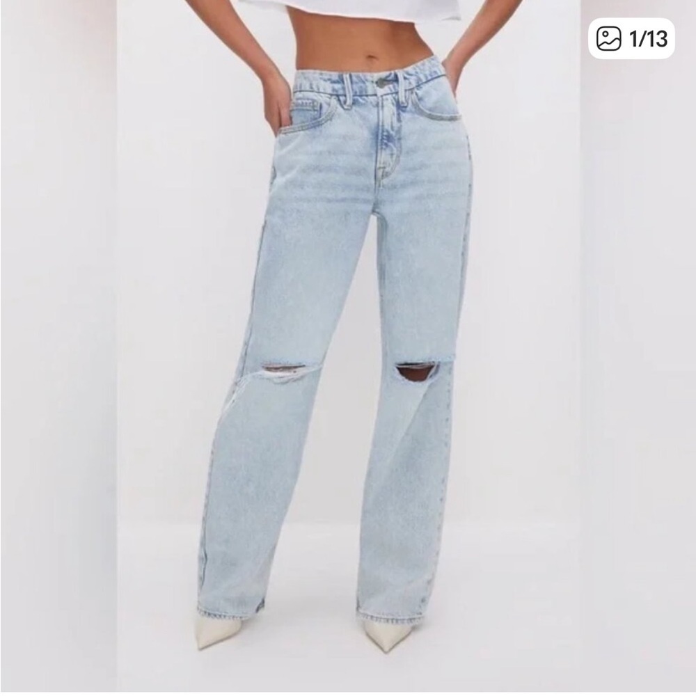 Good American High Rise Light Blue Distressed Jeans